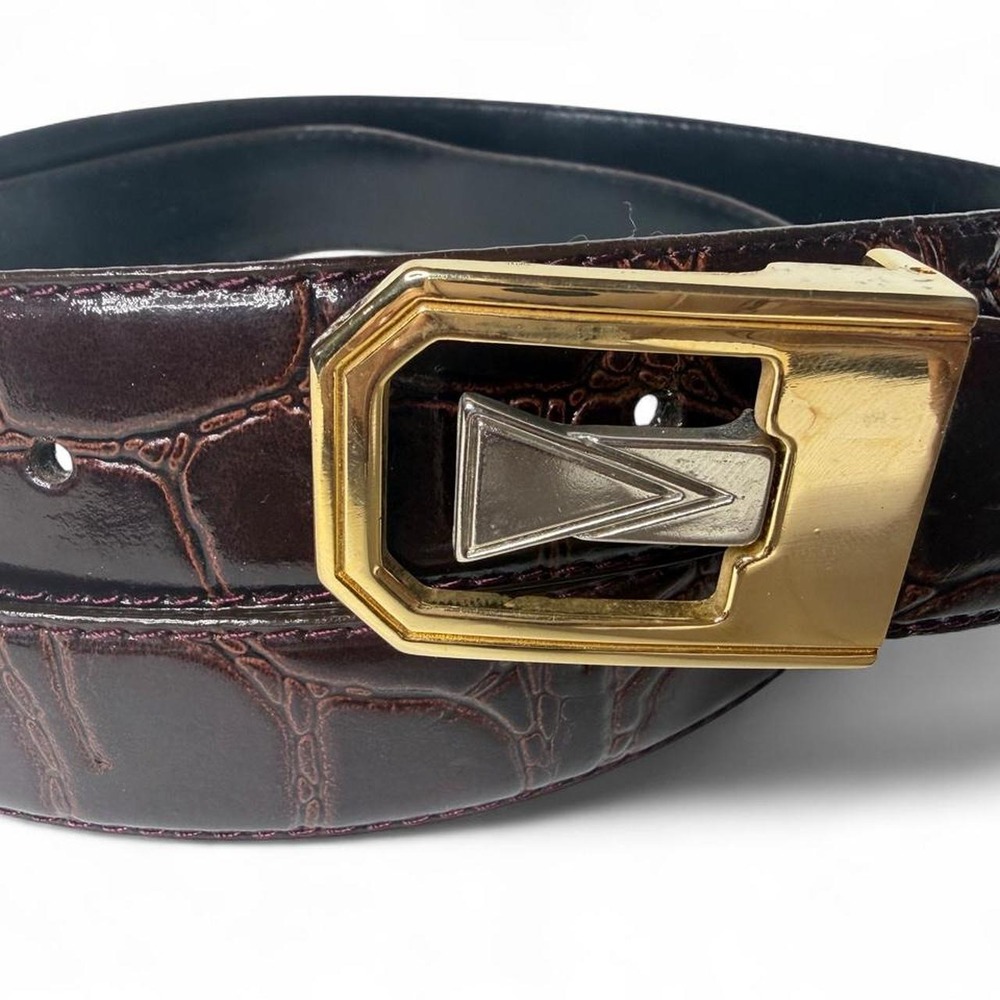 Vintage Alligator Embossed Genuine Leather Belt 46" Statement Gold Buckle Y2K
